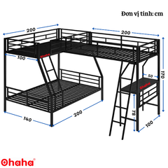 Giường tầng thông minh khung sắt Ohaha 3 giường có bàn học - GTS016