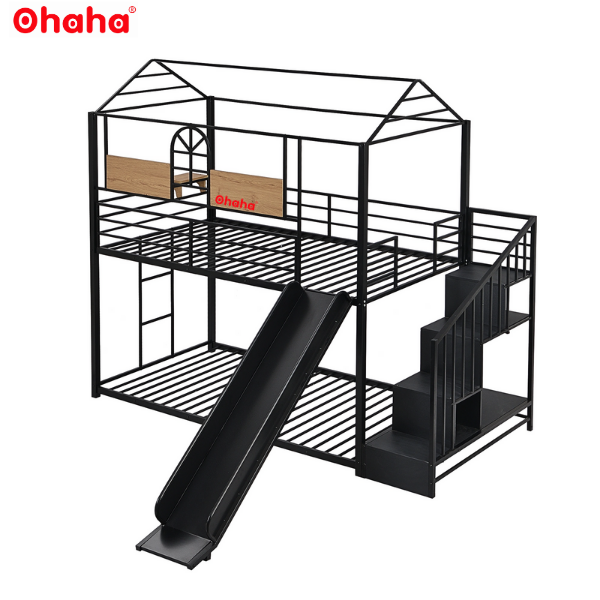 Giường tầng thông minh khung sắt Ohaha có cầu trượt - GTS011