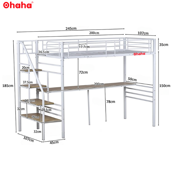 Giường tầng thông minh khung sắt Ohaha có bàn học - GTS012