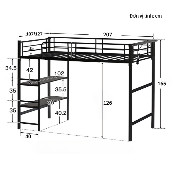 Giường tầng thông minh khung sắt Ohaha có kệ để đồ - GTS015