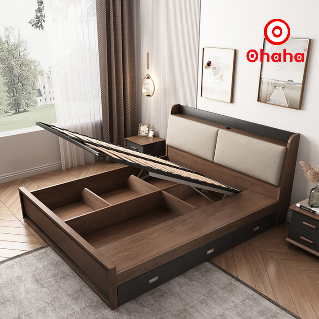 Giường ngủ gỗ cao cấp bọc nệm OHAHA - GN010