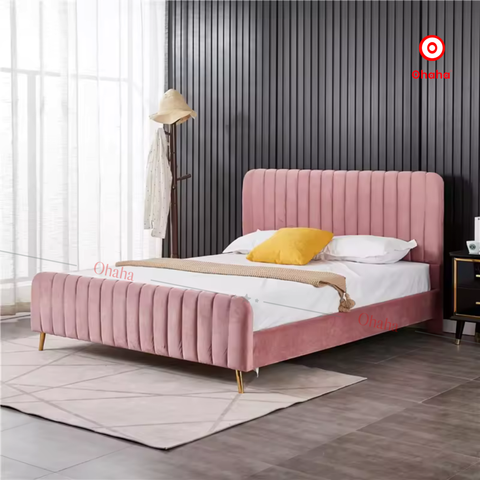 Giường ngủ bọc nệm vải nỉ khung gỗ chân sắt sang trọng, cao cấp phong cách Bắc Âu Ohaha - GN028