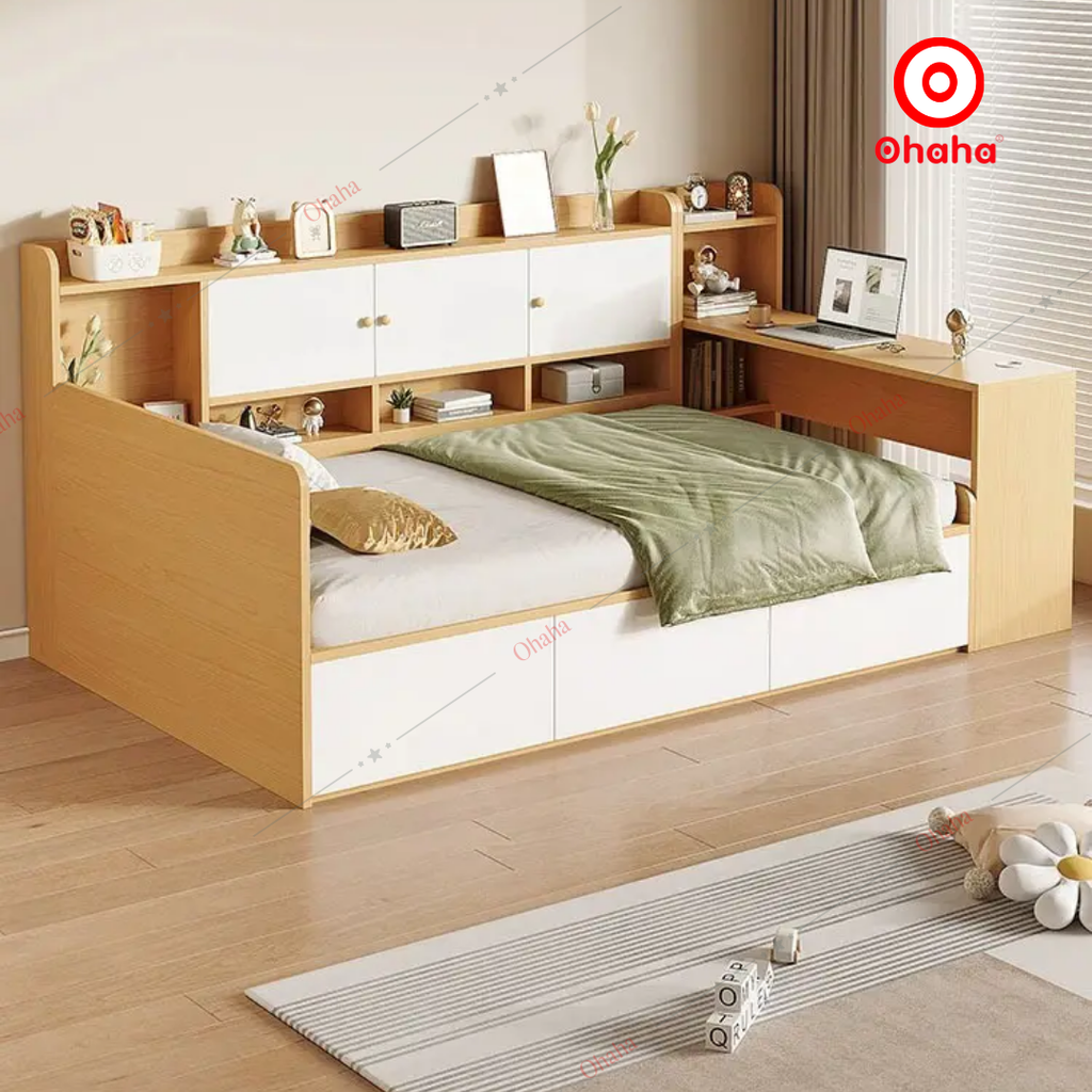 Giường ngủ công nghiệp bọc nệm kèm tủ và bàn học OHAHA - GN049