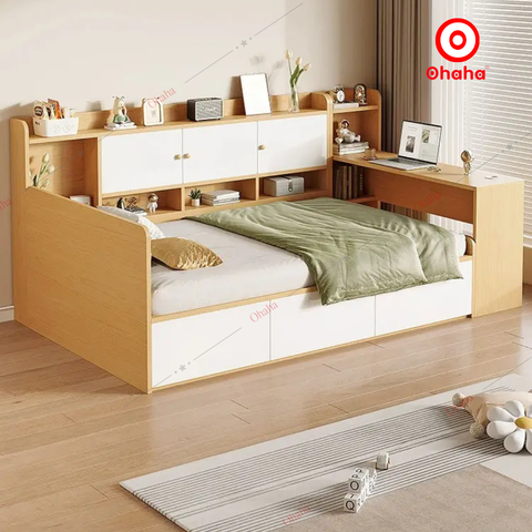 Giường ngủ công nghiệp bọc nệm kèm tủ và bàn học OHAHA - GN049