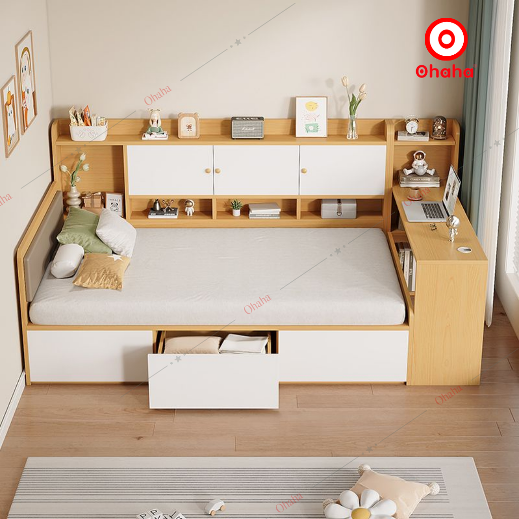 Giường ngủ công nghiệp bọc nệm kèm tủ và bàn học OHAHA - GN049