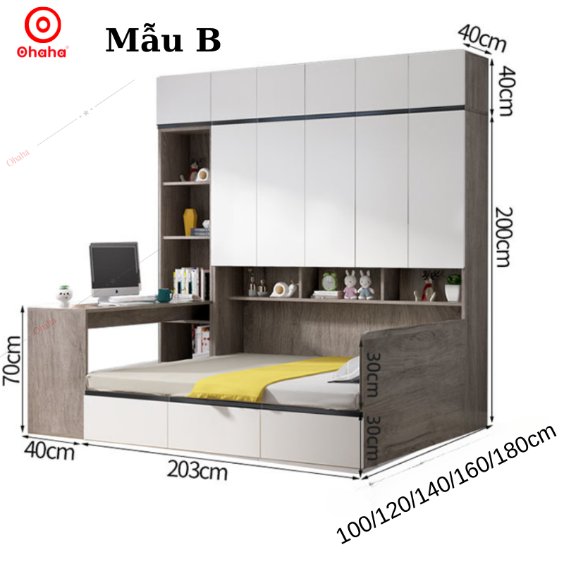Combo giường ngủ đa năng kết hợp tủ kệ Ohaha - GĐN002