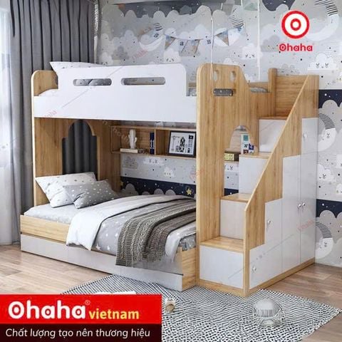 Giường tầng thông minh hiện đại Ohaha kèm hệ tủ mở bên hông - GTHĐ021