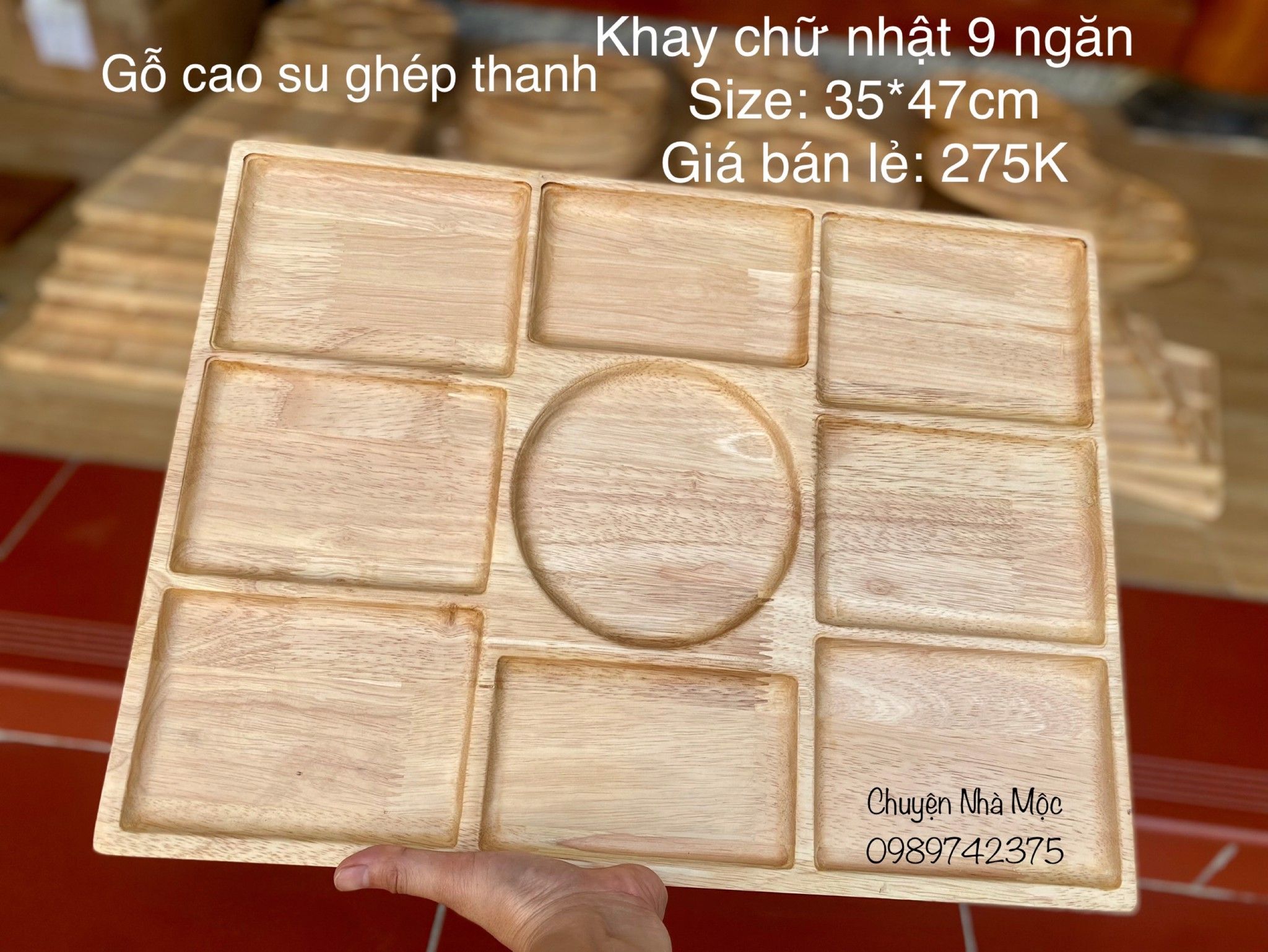 036 - Khay chữ nhật 35*47cm 9 món gỗ cao su ghép thanh