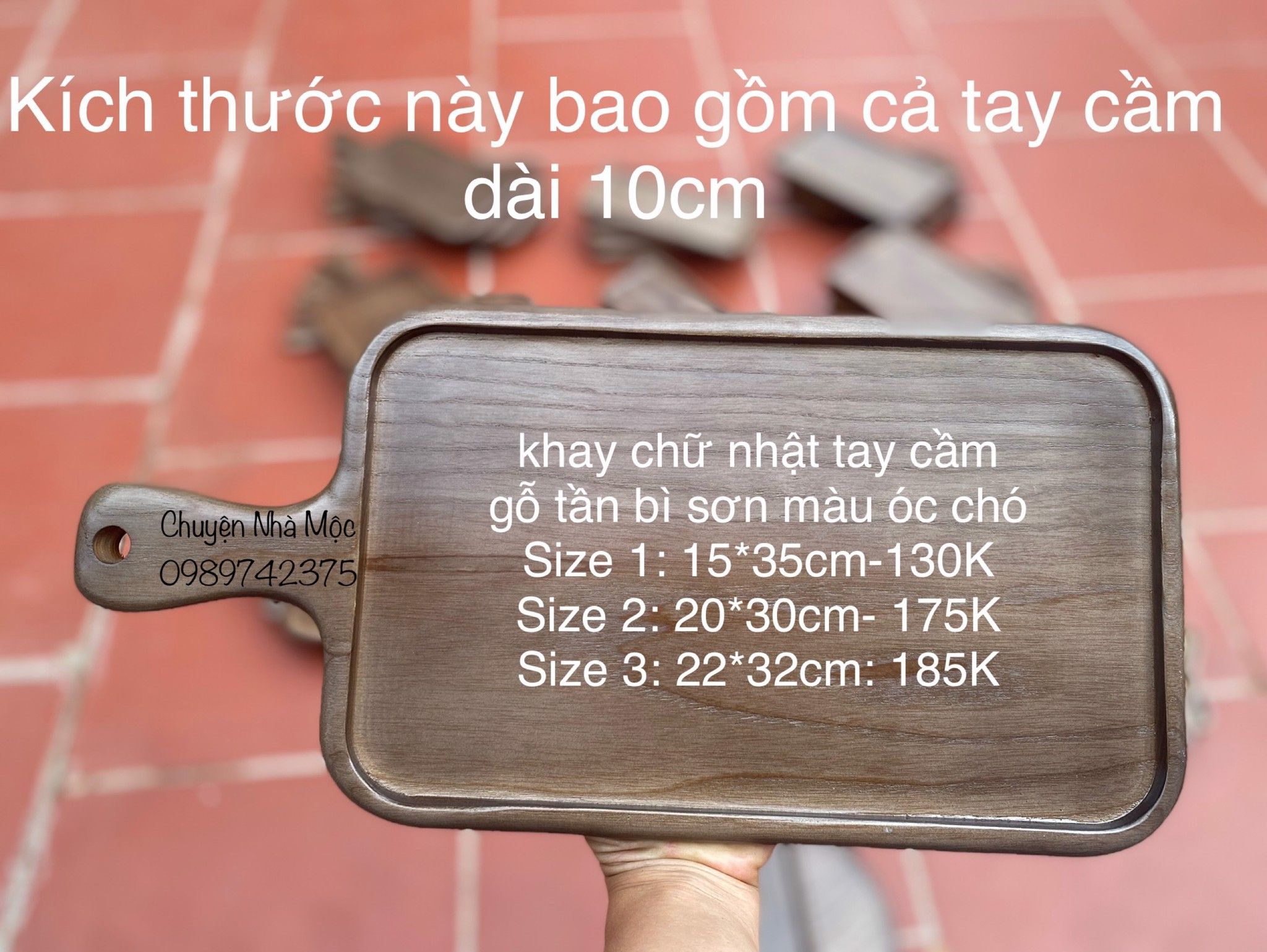 002- Khay chữ nhật tay cầm gỗ tần bì sơn màu óc chó