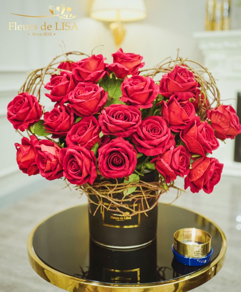  Tender Velvet - Hộp hoa lụa hồng đỏ để bàn 