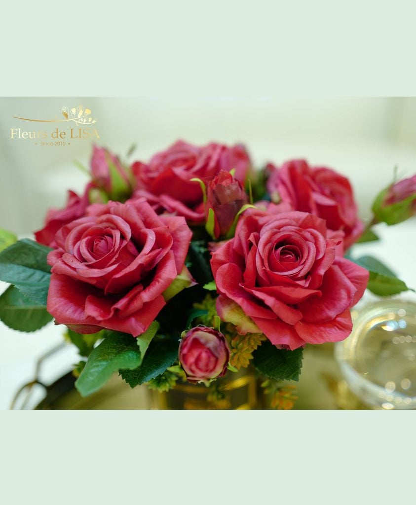  Rosy - Bình hoa hồng lụa để bàn 