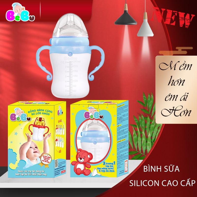 Bình sữa silicone cao cấp kháng khuẩn màu xanh dương