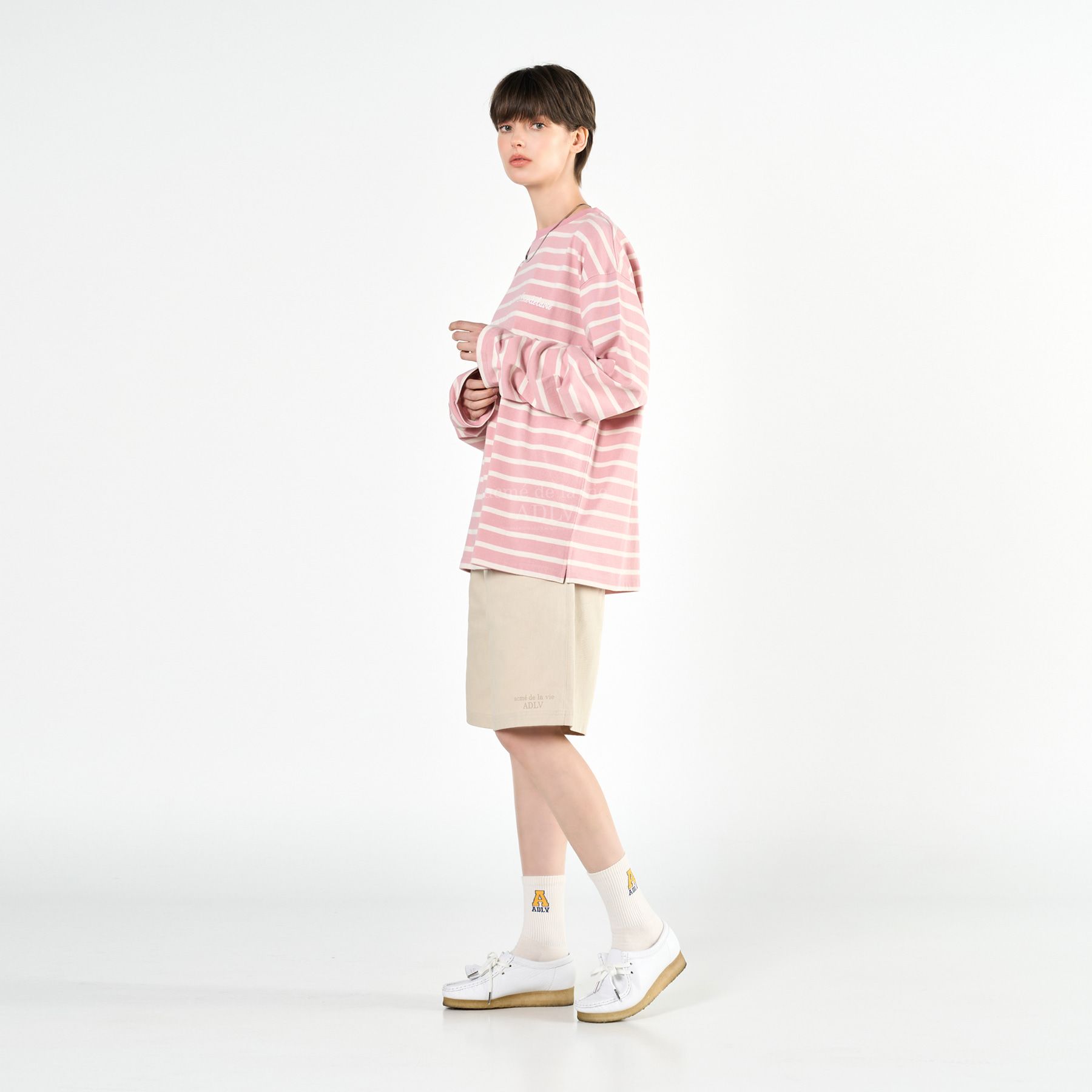  Áo Sweater Acmé de la vie - SCRIPT LOGO STRIPE LONG SLEEVE T- SHIRT PINK 