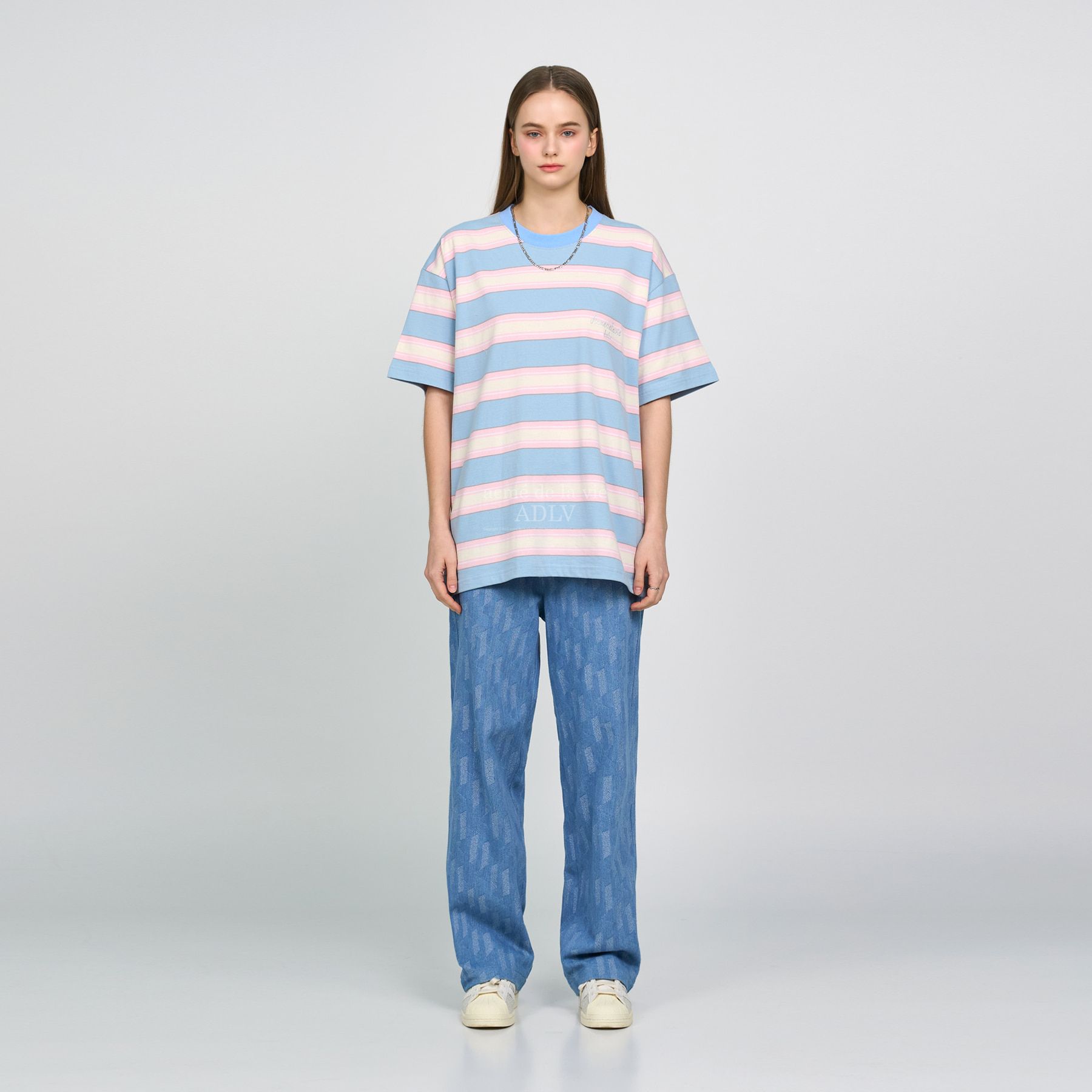  Áo thun - Acmé de la vie - SCRIPT LOGO STRIPE SHORT SLEEVE T-SHIRT SKYBLUE 