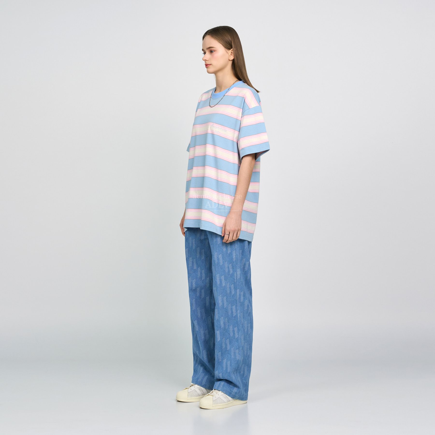  Áo thun - Acmé de la vie - SCRIPT LOGO STRIPE SHORT SLEEVE T-SHIRT SKYBLUE 