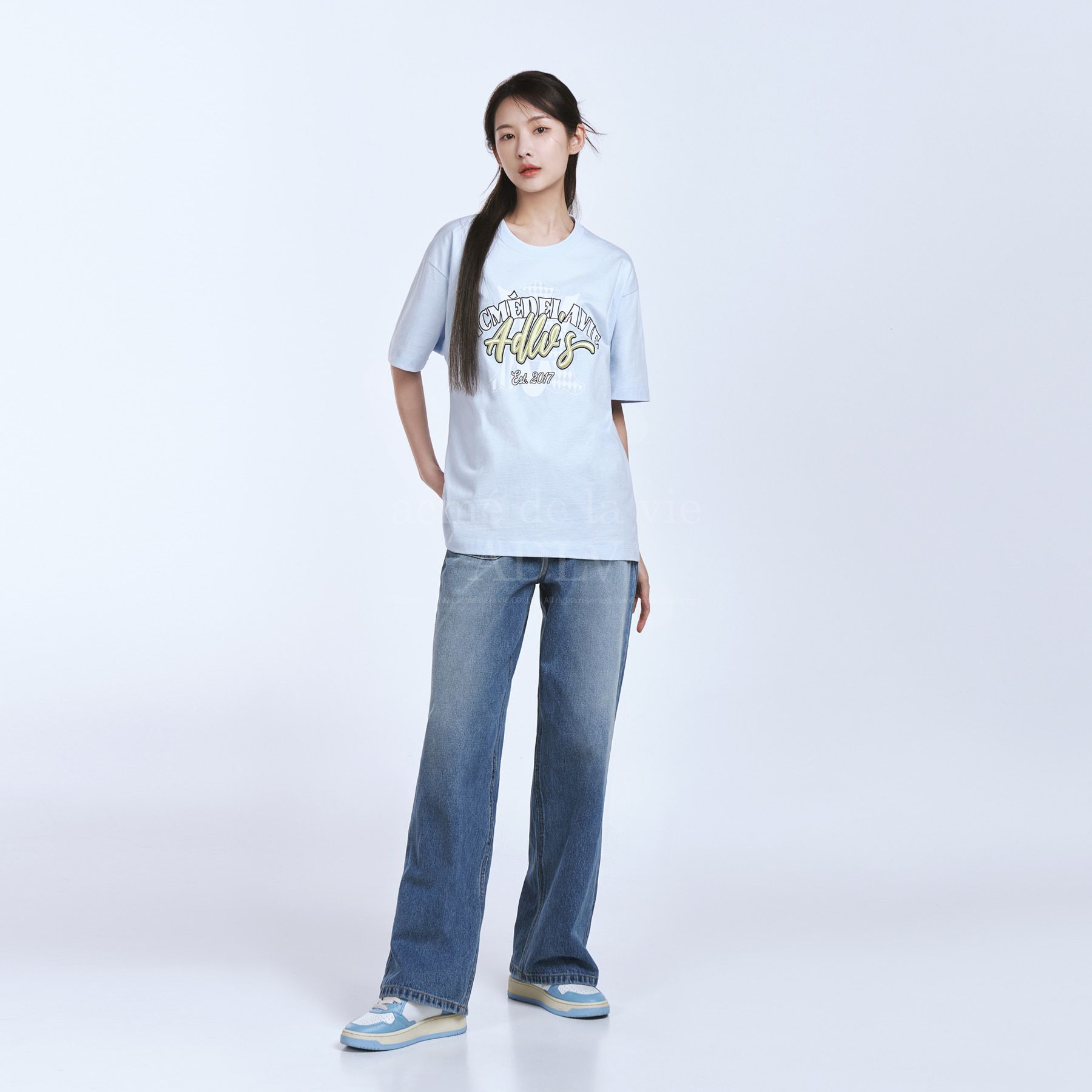  Áo thun - Acmé de la vie - ADLV A LOGO MONOGRAM EMBOSSING EMBROIDERY SHORT SLEEVE T-SHIRT SKY BLUE 