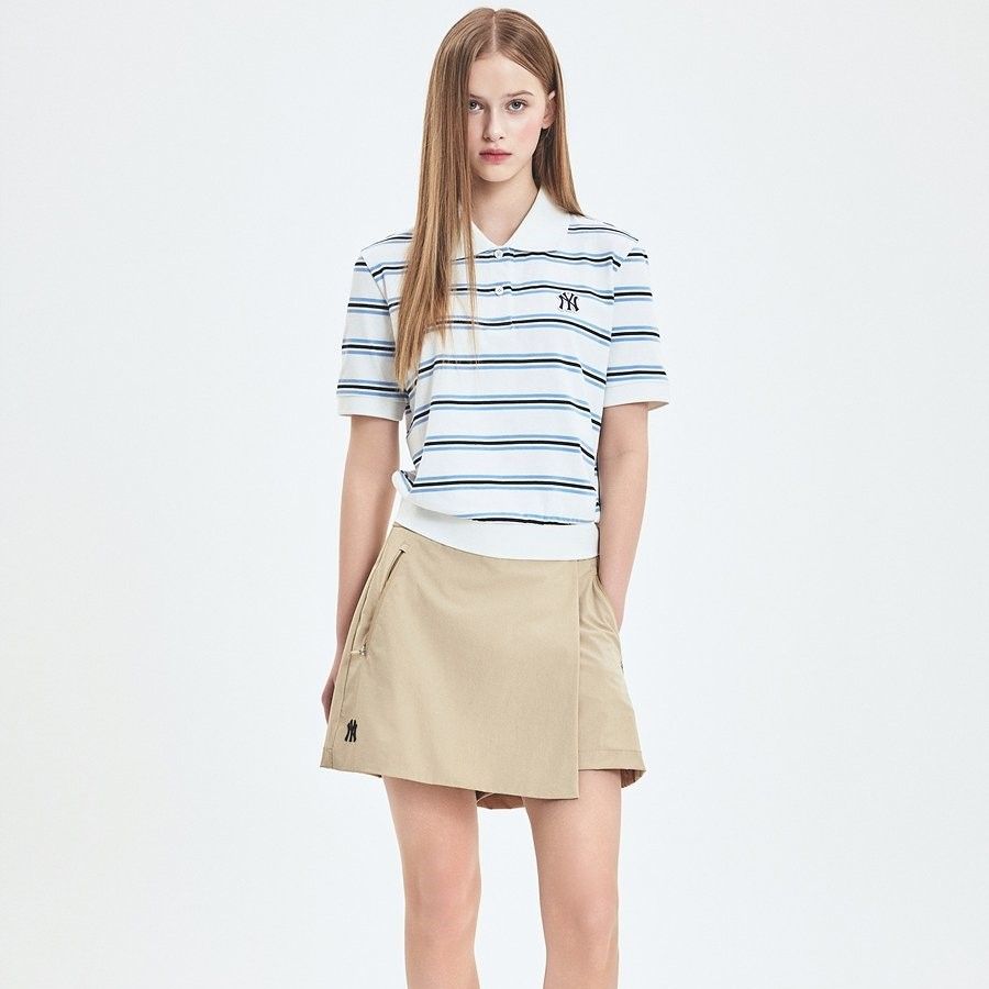  Áo Polo MLB [Nữ] Varsity Stripe Crop Collar T-Shirt NY Yankees - 3FPQV0253-50IVS 