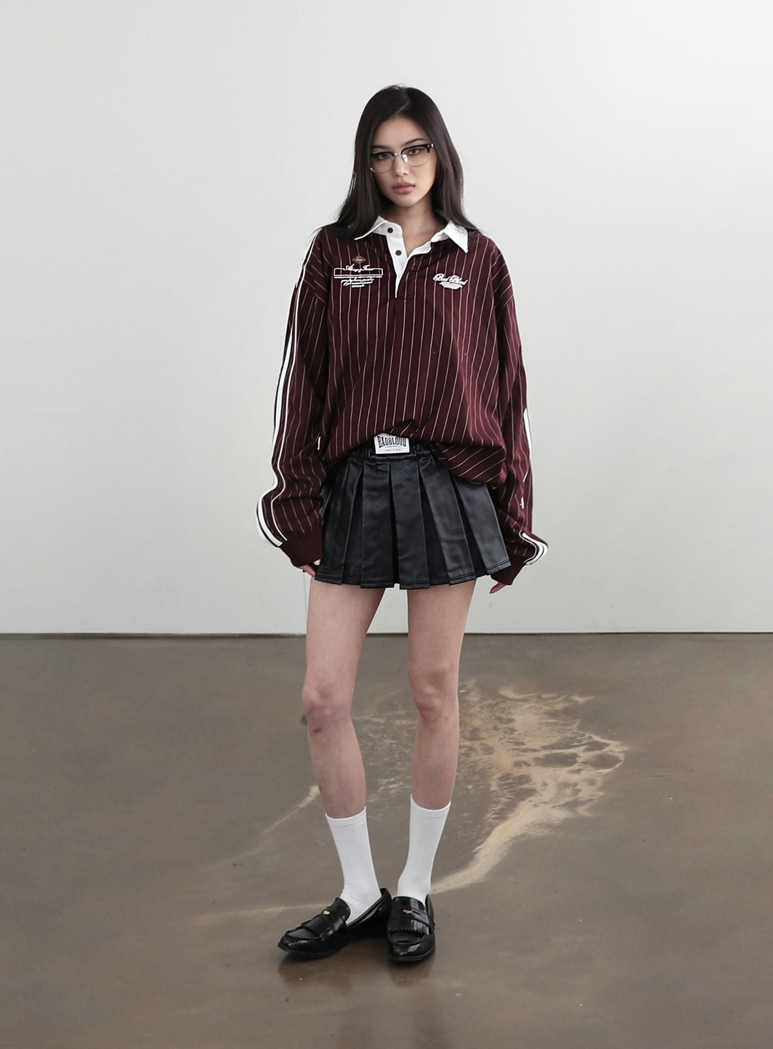  Áo Sweater [Unisex] Badblood - Classic Logo Stripe Rugby Shirt Burgundy - w-sht24-019 