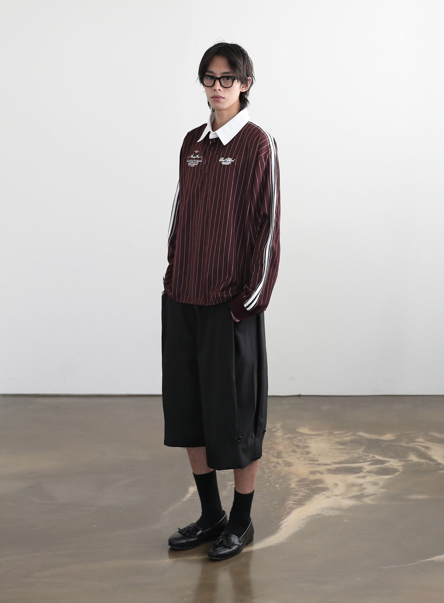  Áo Sweater [Unisex] Badblood - Classic Logo Stripe Rugby Shirt Burgundy - w-sht24-019 