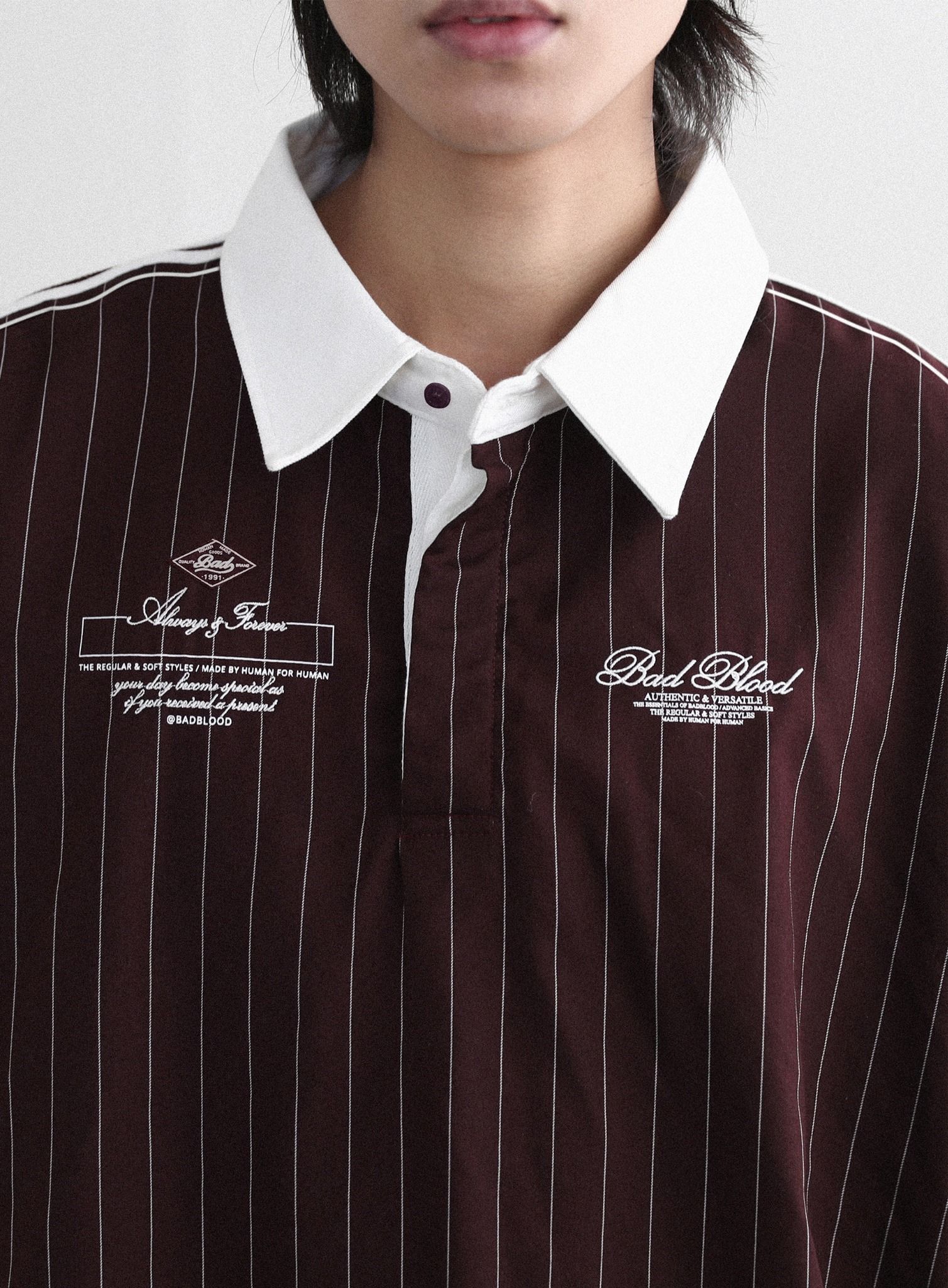  Áo Sweater [Unisex] Badblood - Classic Logo Stripe Rugby Shirt Burgundy - w-sht24-019 