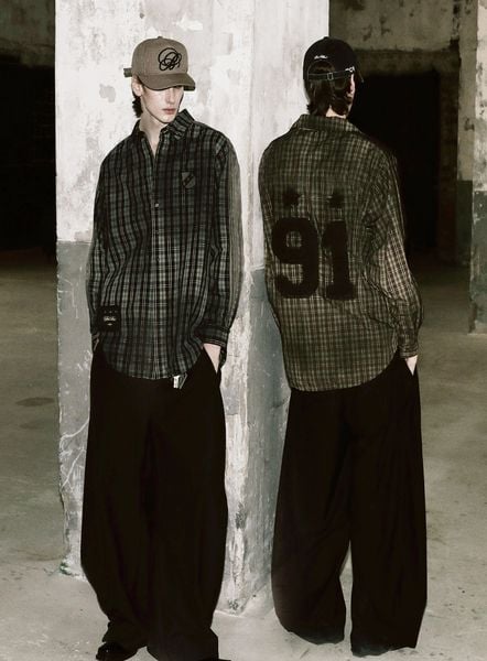  Áo Sơ Mi [Unisex] Badblood - Vintage Billy Check Shirt Large Fit Brown - w-tee25-025 