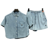  Set Áo Quần Sơ Mi WHOAU [Nữ] - Steve Denim Crop Short Sleeve Shirts - WHYJF2522F 