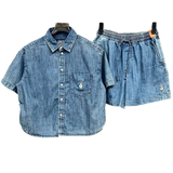  Set Áo Quần Sơ Mi WHOAU [Nữ] - Steve Denim Crop Short Sleeve Shirts - WHYJF2522F 
