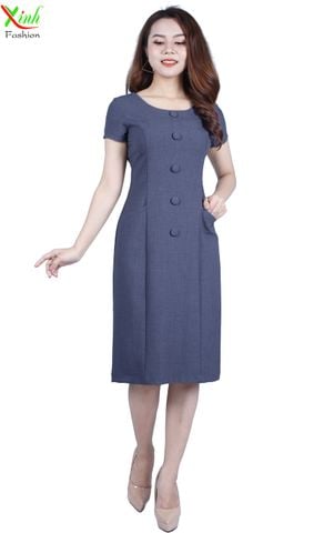  Đầm Suông xám tiêu phối nút sang trọng gọn dáng DL512 