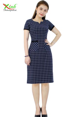  Đầm Suông Caro Xanh Navy Tôn Da Sáng Tạo Dáng Gọn DL299 