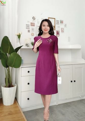  Đầm Suông Tím Tay Lỡ Kết Hoa Thủ Công DL497 
