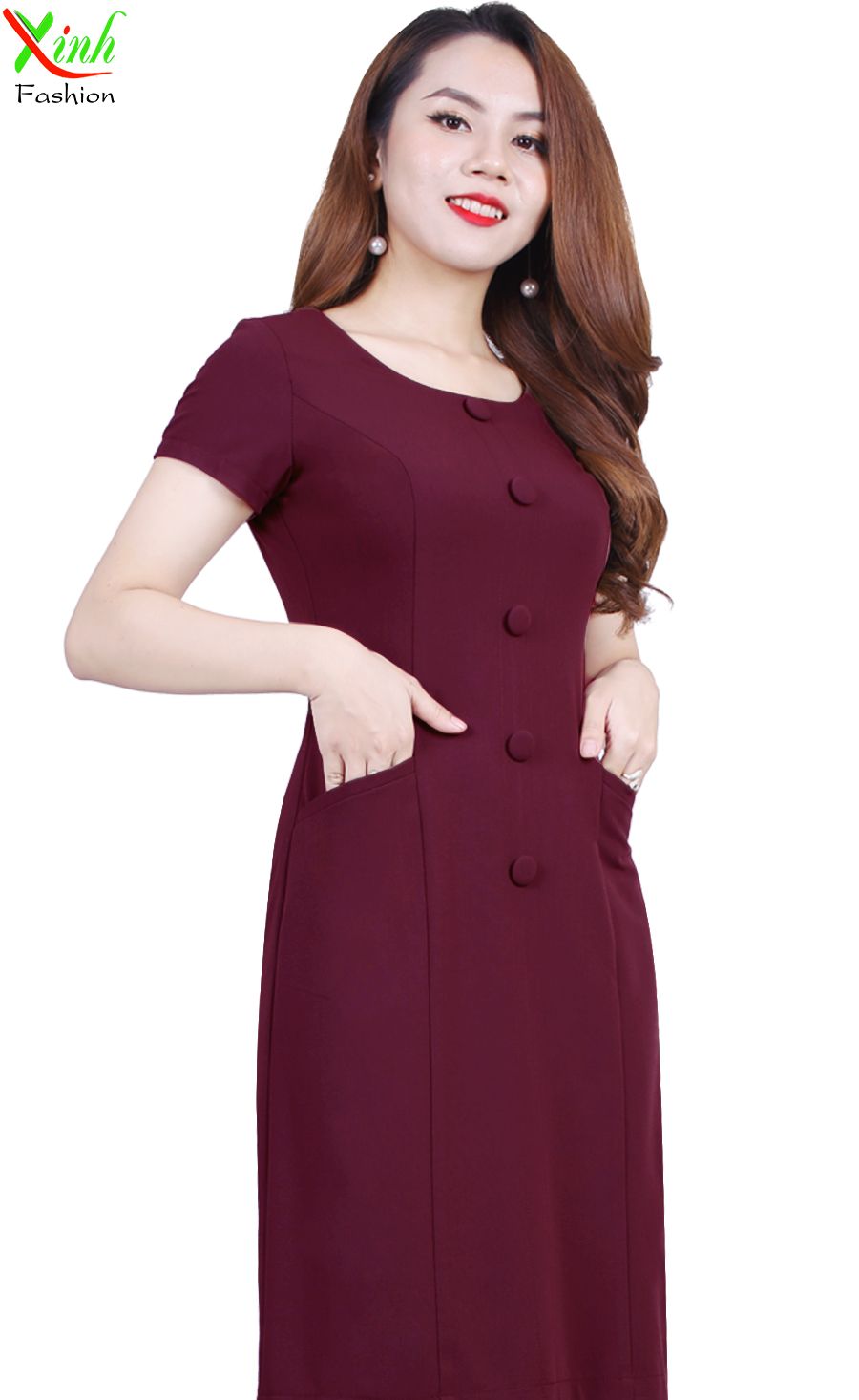 Đầm Suông đỏ mận phối nút sang trọng DL510