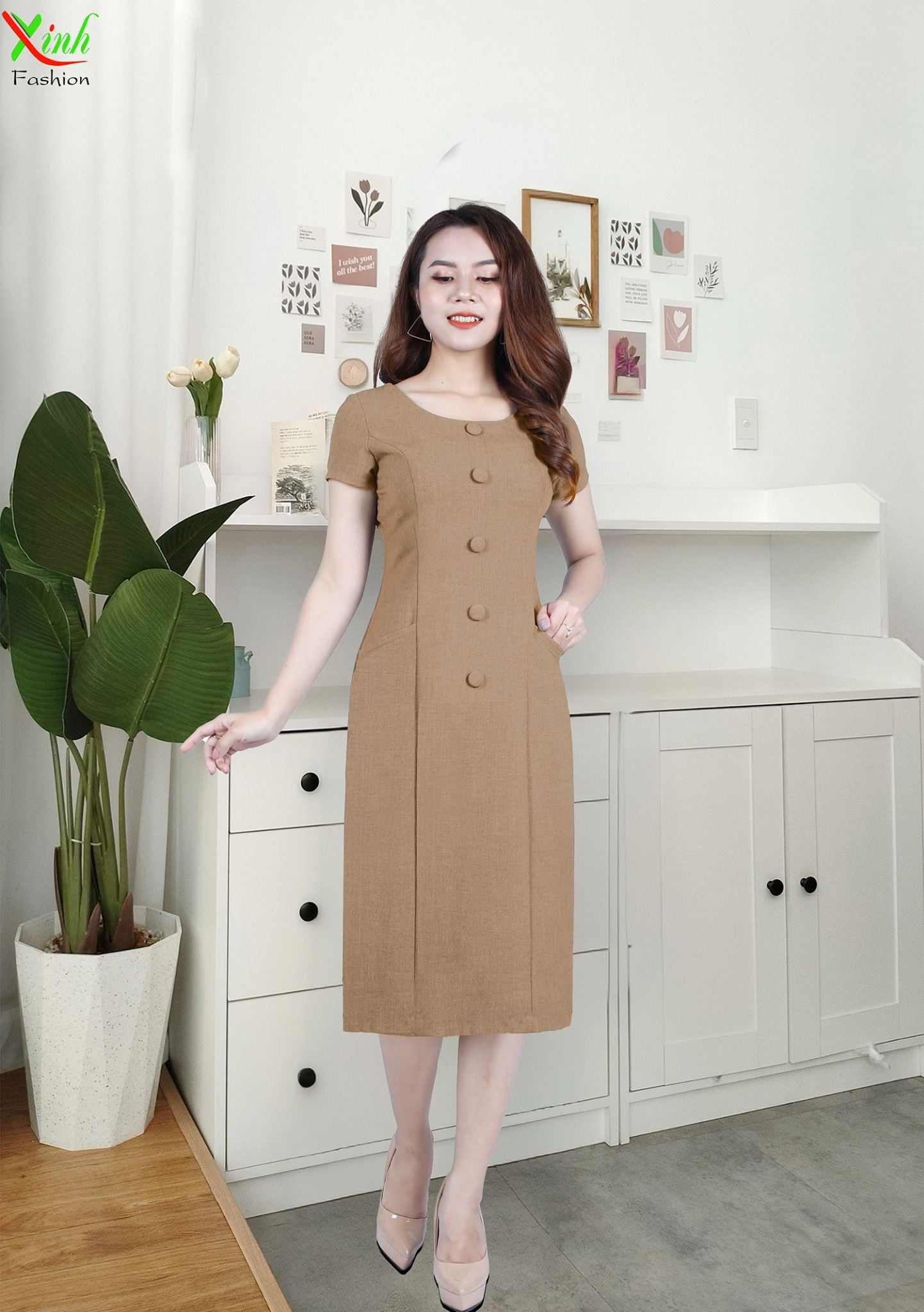 Đầm Suông A phối nút màu Nude Nâu sang trọng gọn dáng DL511