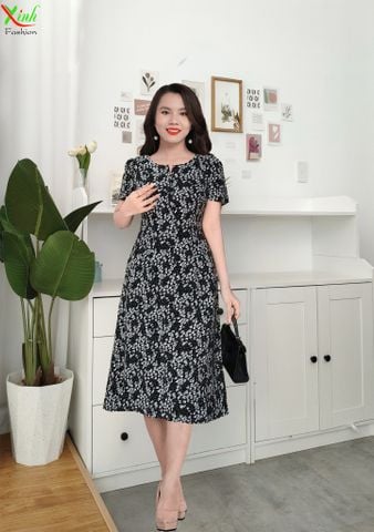  Đầm suông A Đen hoa trắng phối nút sang trọng DL520 