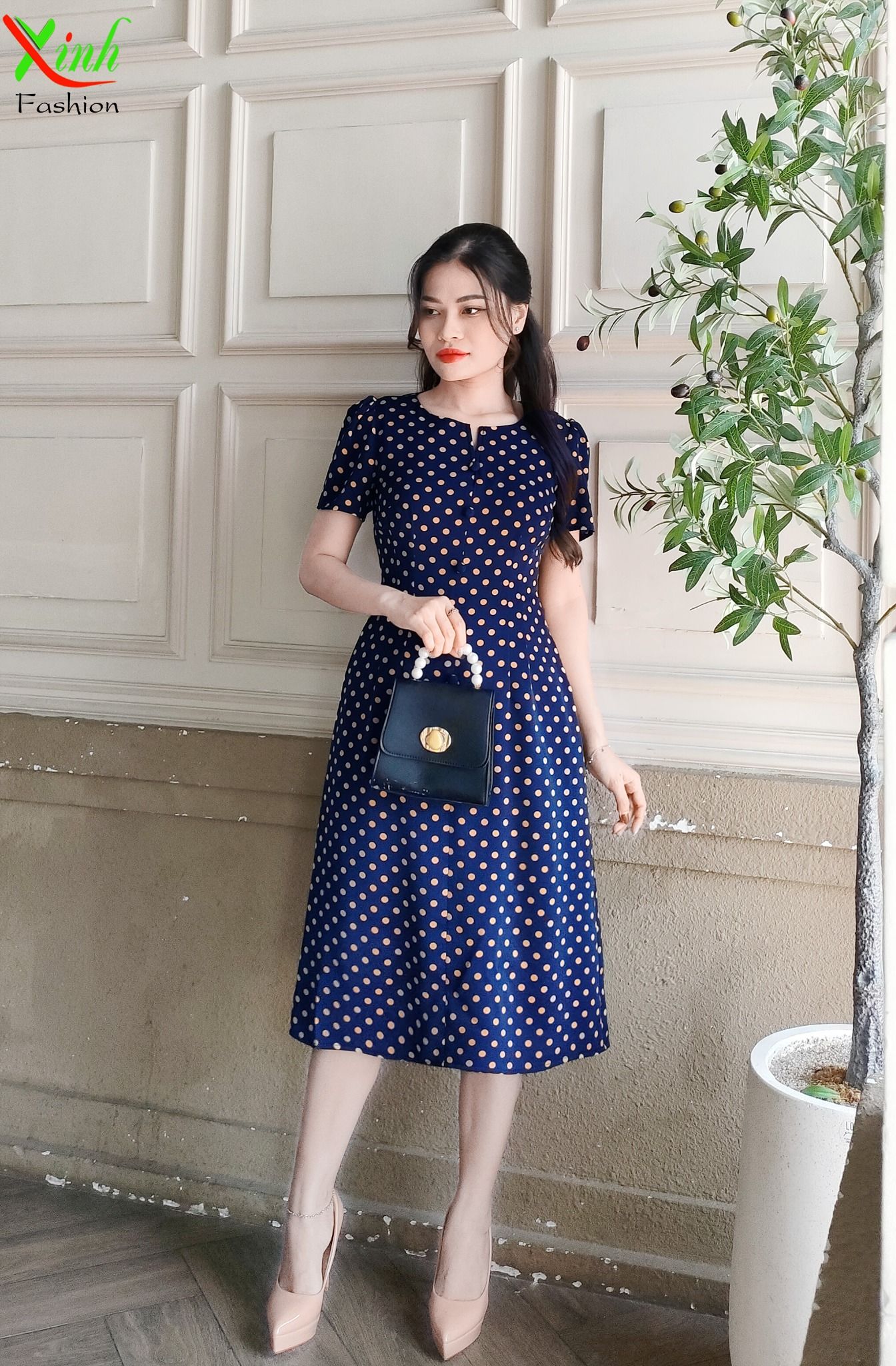 Đầm suông A Xanh bi cam phối nút sang trọng DL603