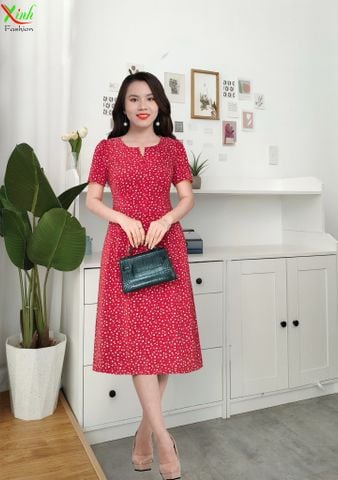  Đầm suông A Đỏ Hoa Nhí phối nút sang trọng DL521 