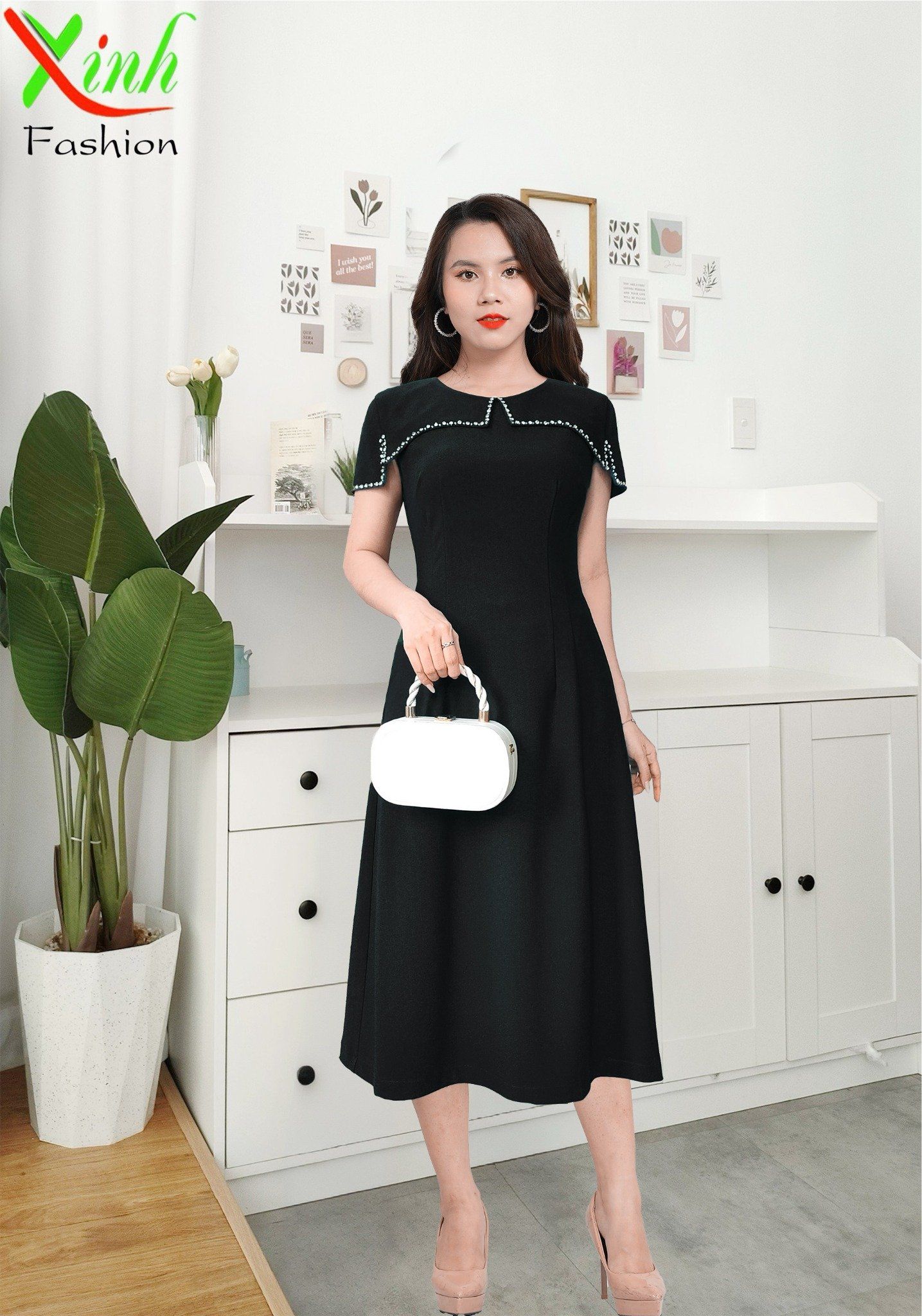 Đầm suông A đen đính pha lê sang trọng dự tiệc DL526
