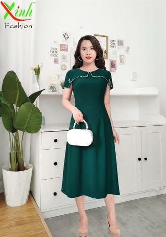  Đầm suông A xanh rêu đính pha lê sang trọng dự tiệc DL527 