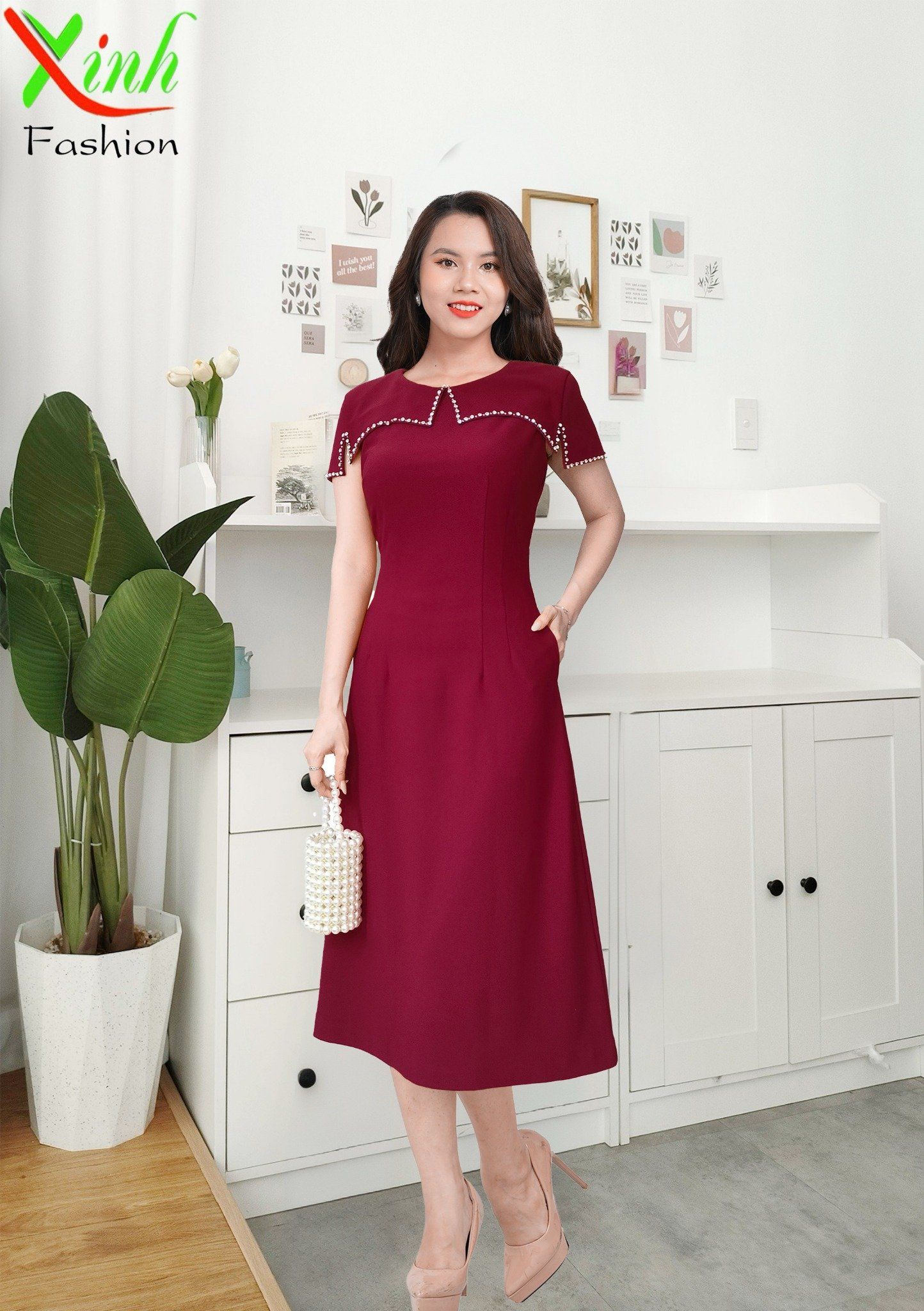 Đầm suông A đỏ đính pha lê sang trọng dự tiệc DL528