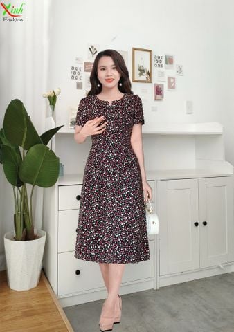  Đầm suông A Đen Hoa Nhí phối nút sang trọng DL529 