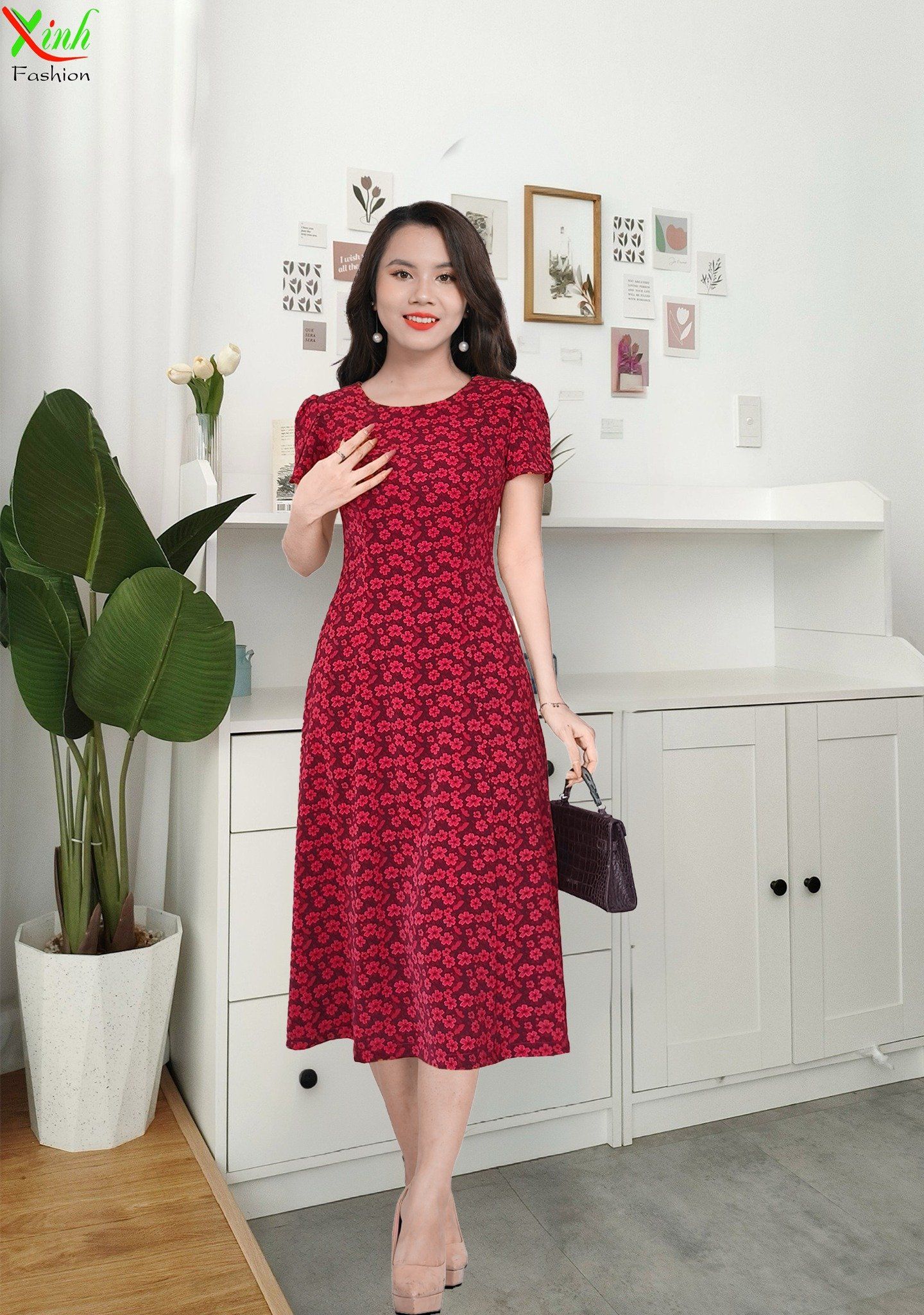 Đầm suông A tay cánh tiên đỏ hoa nhí DL561