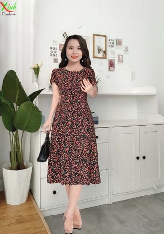  Đầm suông A tay cánh tiên đen hoa nhí xanh cam DL562 