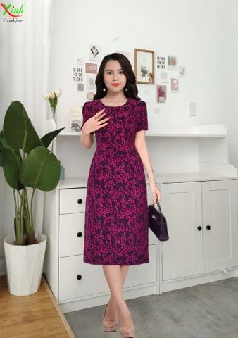  Đầm Suông A Đen hoa nhí hồng tím DL563 