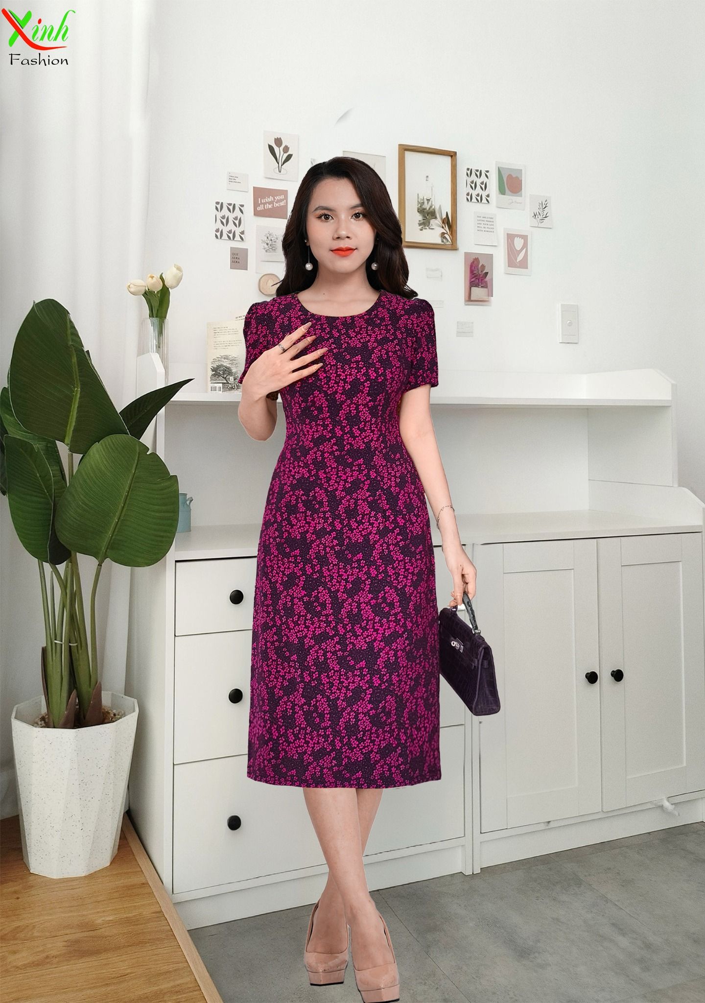 Đầm Suông A Đen hoa nhí hồng tím DL563