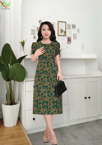  Đầm Suông A Xanh rêu hoa nhí vàng DL565 