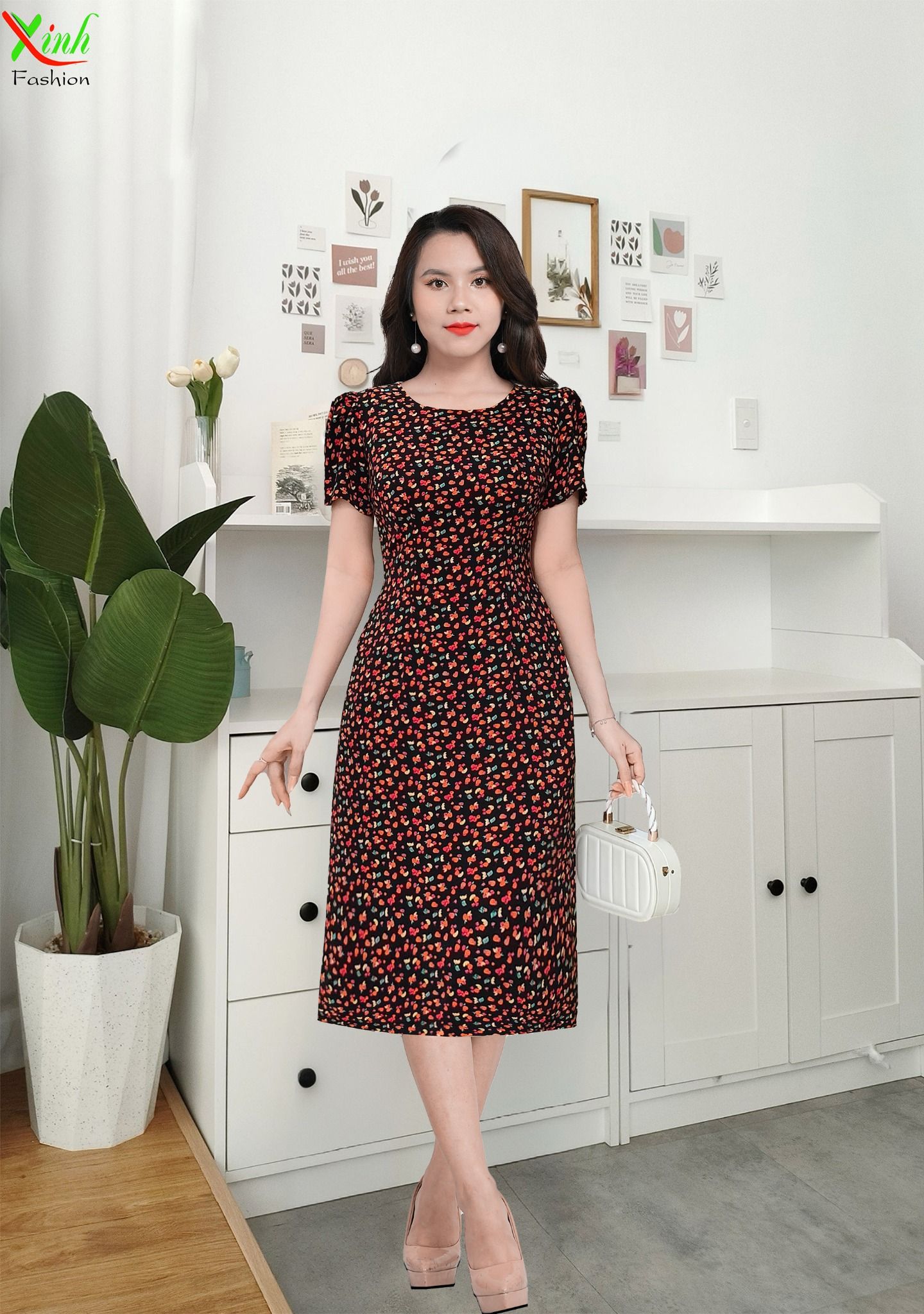 Đầm Suông A Đen hoa nhí cam vàng DL566