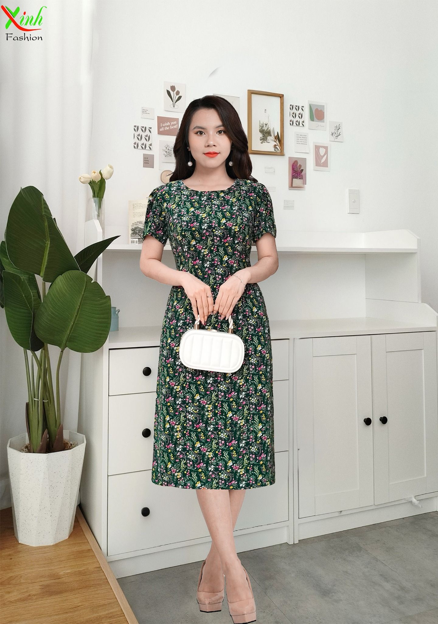 Đầm Suông A Xanh Rêu Hoa Nhí DL567