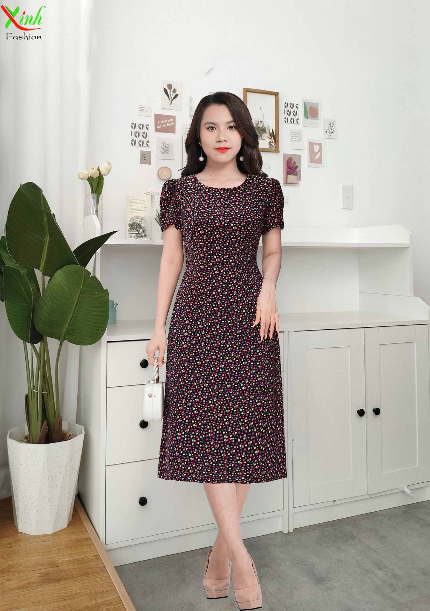 Đầm Suông A Xanh Đen Hoa Nhí Đỏ Vàng DL568