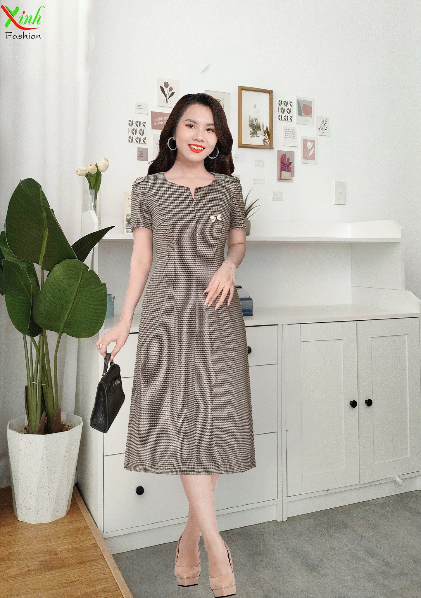 Đâm Suông Basic Caro Nâu Nhuyễn Sang Trọng DL576