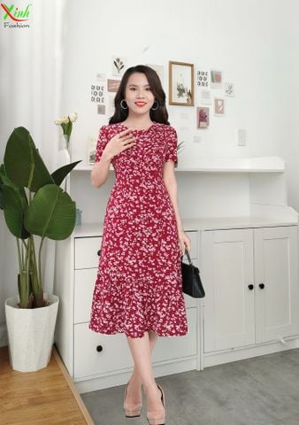  Đầm Suông Nhún Bèo Đuôi Cá Đỏ Hoa Nhí DL601 