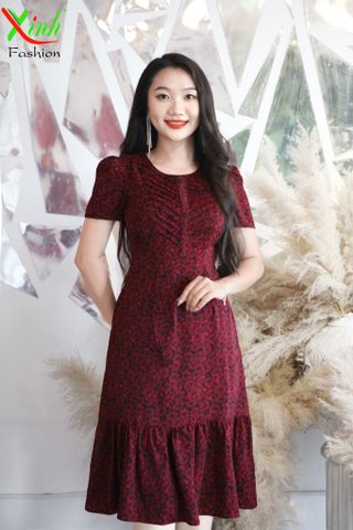  Đầm Suông Nhún Bèo Đuôi Cá Hoa Đỏ DL605 